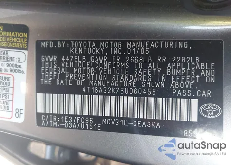 2005 Toyota Camry Se V6 из США, поврежденный, VIN 4T1BA32K75U060455